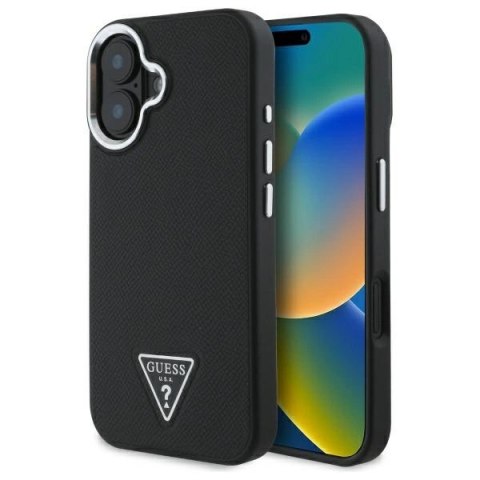 Etui Guess Grained Triangle MagSafe na iPhone 16 - czarne Etui Guess Grained Triangle MagSafe na iPhone 16 - czarne