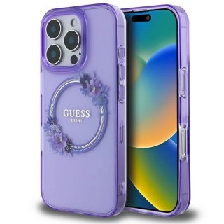 Etui Guess IML Flowers Wreath MagSafe na iPhone 16 Pro Max - fioletowe