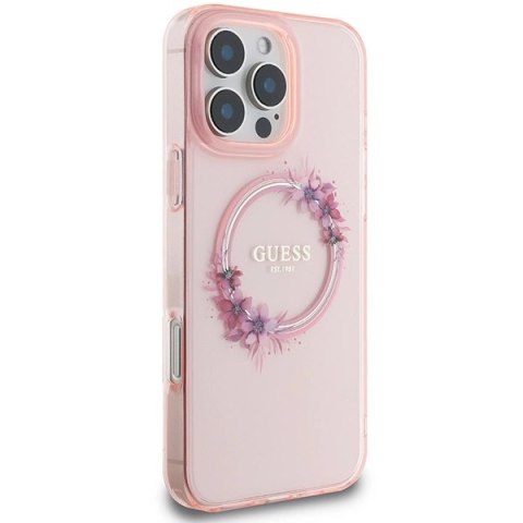 Etui Guess IML Flowers Wreath MagSafe na iPhone 16 Pro Max - różowe Etui Guess IML Flowers Wreath MagSafe na iPhone 16 Pro Max - różowe