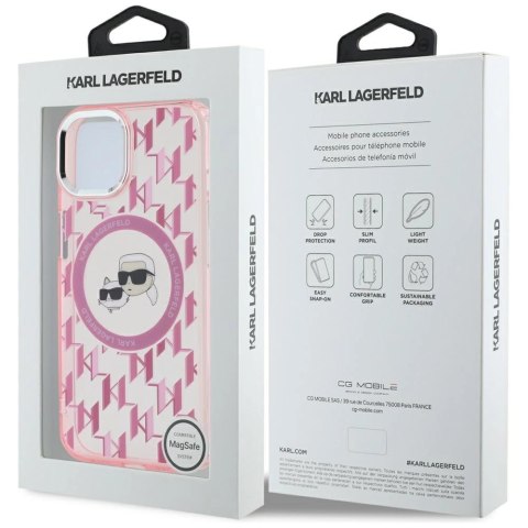 Etui Karl Lagerfeld IML Monogram Karl & Choupette Head MagSafe na iPhone 15 Plus - różowe Etui Karl Lagerfeld IML Monogram Karl & Choupette Head MagSafe na iPhone 15 Plus - różowe
