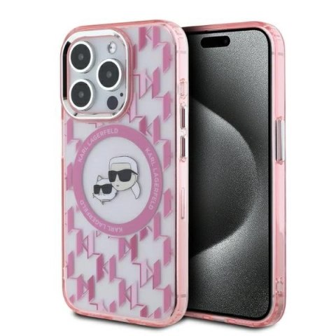 Etui Karl Lagerfeld IML Monogram Karl & Choupette Head MagSafe na iPhone 15 Pro - różowe Etui Karl Lagerfeld IML Monogram Karl & Choupette Head MagSafe na iPhone 15 Pro - różowe