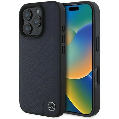 Etui Mercedes MB Wood Imitation Leather MagSafe na iPhone 16 Pro Max - granatowe Etui Mercedes MB Wood Imitation Leather MagSafe na iPhone 16 Pro Max - granatowe