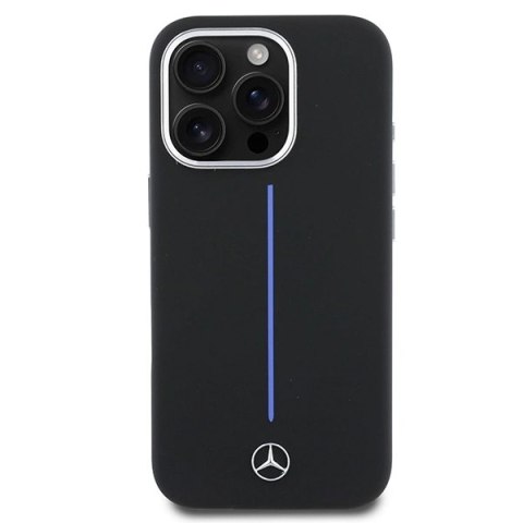 Etui Mercedes Silicone Blue Stripe MagSafe na iPhone 16 Pro Max - czarne Etui Mercedes Silicone Blue Stripe MagSafe na iPhone 16 Pro Max - czarne