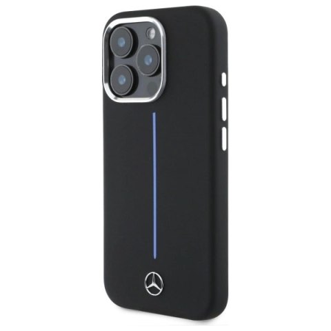 Etui Mercedes Silicone Blue Stripe MagSafe na iPhone 16 Pro - czarne Etui Mercedes Silicone Blue Stripe MagSafe na iPhone 16 Pro - czarne
