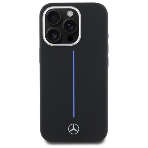 Etui Mercedes Silicone Blue Stripe MagSafe na iPhone 16 Pro - czarne Etui Mercedes Silicone Blue Stripe MagSafe na iPhone 16 Pro - czarne