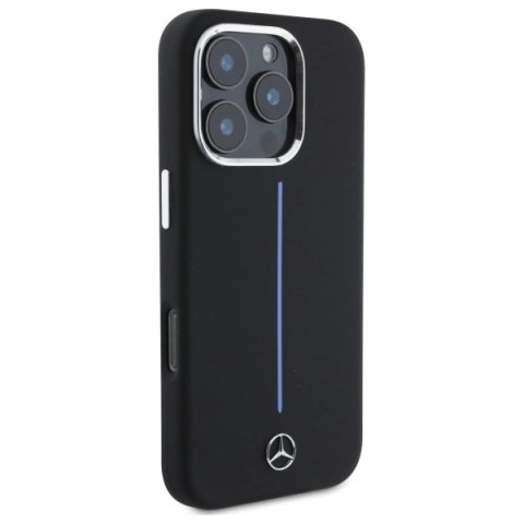 Etui Mercedes Silicone Blue Stripe MagSafe na iPhone 16 Pro - czarne Etui Mercedes Silicone Blue Stripe MagSafe na iPhone 16 Pro - czarne