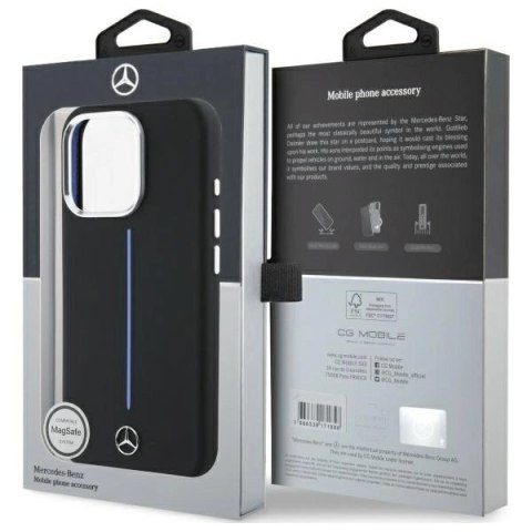 Etui Mercedes Silicone Blue Stripe MagSafe na iPhone 16 Pro - czarne Etui Mercedes Silicone Blue Stripe MagSafe na iPhone 16 Pro - czarne