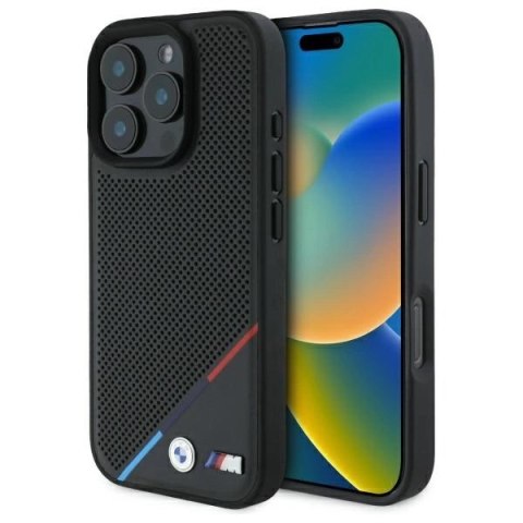 Etui BMW M Perforated Tricolor Line MagSafe na iPhone 16 Pro Max - czarne Etui BMW M Perforated Tricolor Line MagSafe na iPhone 16 Pro Max - czarne