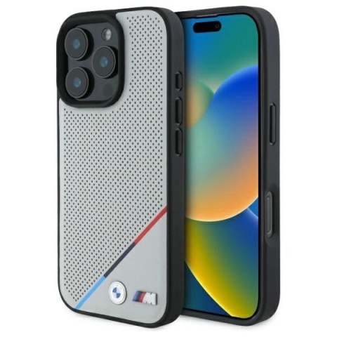 Etui BMW M Perforated Tricolor Line MagSafe na iPhone 16 Pro Max - szare Etui BMW M Perforated Tricolor Line MagSafe na iPhone 16 Pro Max - szare