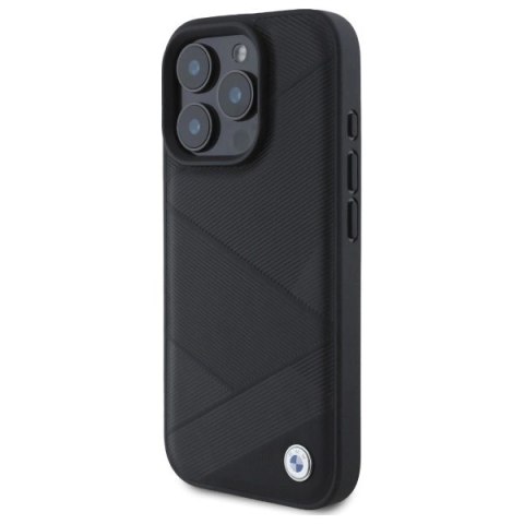 Etui BMW Sign Leather Crossing Lines Pattern na iPhone 16 Pro Max - czarne Etui BMW Sign Leather Crossing Lines Pattern na iPhone 16 Pro Max - czarne