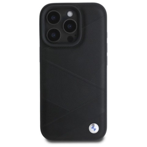 Etui BMW Sign Leather Crossing Lines Pattern na iPhone 16 Pro Max - czarne Etui BMW Sign Leather Crossing Lines Pattern na iPhone 16 Pro Max - czarne