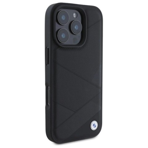 Etui BMW Sign Leather Crossing Lines Pattern na iPhone 16 Pro Max - czarne Etui BMW Sign Leather Crossing Lines Pattern na iPhone 16 Pro Max - czarne