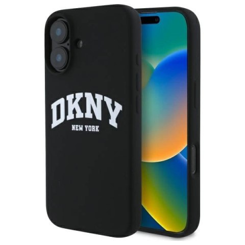 Etui DKNY Silicone White Printed Logo MagSafe na iPhone 16 - czarne Etui DKNY Silicone White Printed Logo MagSafe na iPhone 16 - czarne