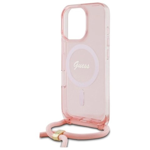 Etui Guess Crossbody Cord Script MagSafe na iPhone 16 Pro Max - różowe