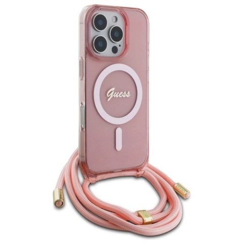 Etui Guess Crossbody Cord Script MagSafe na iPhone 16 Pro - różowe Etui Guess Crossbody Cord Script MagSafe na iPhone 16 Pro - różowe
