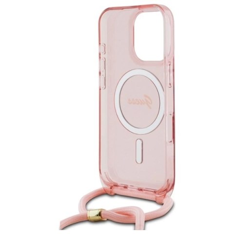 Etui Guess Crossbody Cord Script MagSafe na iPhone 16 Pro - różowe Etui Guess Crossbody Cord Script MagSafe na iPhone 16 Pro - różowe