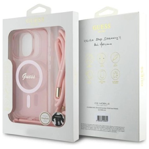 Etui Guess Crossbody Cord Script MagSafe na iPhone 16 Pro - różowe Etui Guess Crossbody Cord Script MagSafe na iPhone 16 Pro - różowe