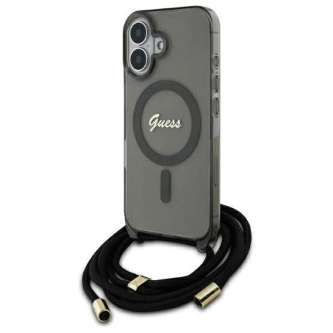 Etui Guess Crossbody Cord Script MagSafe na iPhone 16 - czarne Etui Guess Crossbody Cord Script MagSafe na iPhone 16 - czarne