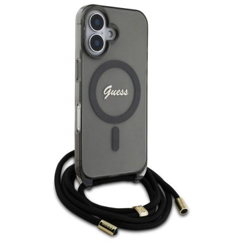 Etui Guess Crossbody Cord Script MagSafe na iPhone 16 - czarne Etui Guess Crossbody Cord Script MagSafe na iPhone 16 - czarne