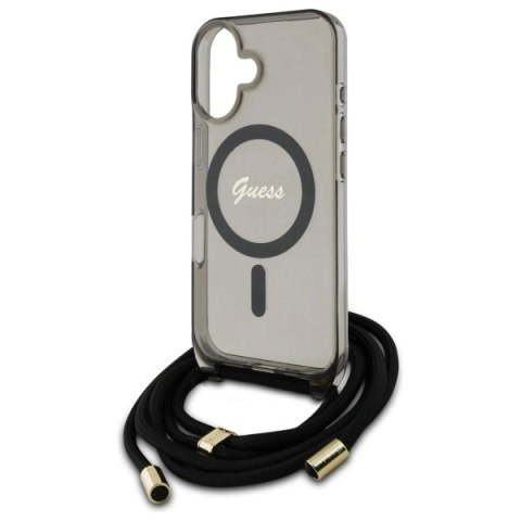 Etui Guess Crossbody Cord Script MagSafe na iPhone 16 - czarne Etui Guess Crossbody Cord Script MagSafe na iPhone 16 - czarne