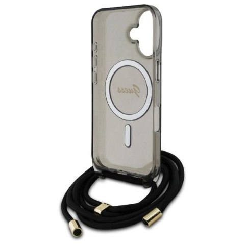 Etui Guess Crossbody Cord Script MagSafe na iPhone 16 - czarne Etui Guess Crossbody Cord Script MagSafe na iPhone 16 - czarne