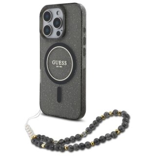 Etui Guess IML Glitter With Pearl Strap MagSafe na iPhone 16 Pro Max - czarne