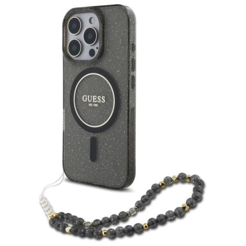 Etui Guess IML Glitter With Pearl Strap MagSafe na iPhone 16 Pro Max - czarne Etui Guess IML Glitter With Pearl Strap MagSafe na iPhone 16 Pro Max - czarne