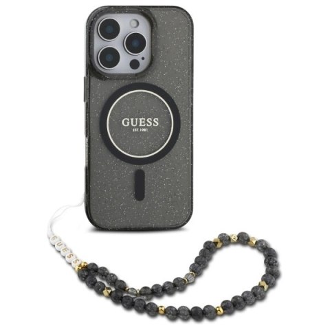 Etui Guess IML Glitter With Pearl Strap MagSafe na iPhone 16 Pro Max - czarne Etui Guess IML Glitter With Pearl Strap MagSafe na iPhone 16 Pro Max - czarne