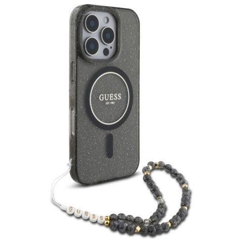 Etui Guess IML Glitter With Pearl Strap MagSafe na iPhone 16 Pro Max - czarne Etui Guess IML Glitter With Pearl Strap MagSafe na iPhone 16 Pro Max - czarne
