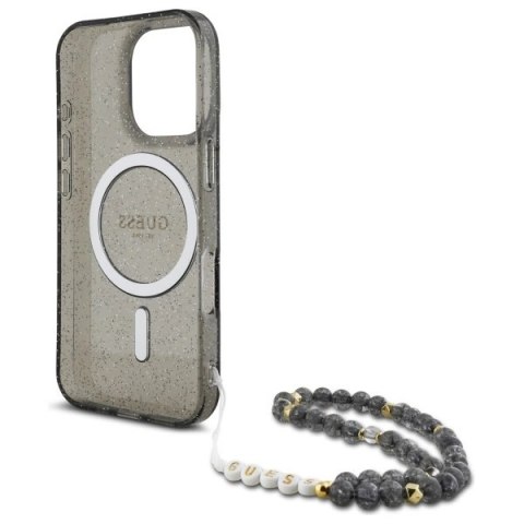 Etui Guess IML Glitter With Pearl Strap MagSafe na iPhone 16 Pro Max - czarne Etui Guess IML Glitter With Pearl Strap MagSafe na iPhone 16 Pro Max - czarne
