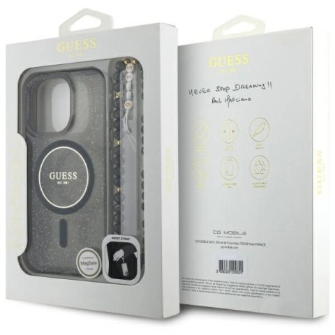 Etui Guess IML Glitter With Pearl Strap MagSafe na iPhone 16 Pro Max - czarne Etui Guess IML Glitter With Pearl Strap MagSafe na iPhone 16 Pro Max - czarne