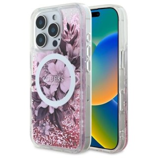Etui Guess Liquid Glitter Flower MagSafe na iPhone 16 Pro Max - różowe