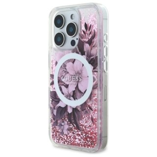 Etui Guess Liquid Glitter Flower MagSafe na iPhone 16 Pro Max - różowe