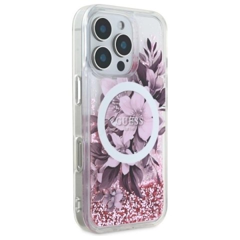 Etui Guess Liquid Glitter Flower MagSafe na iPhone 16 Pro - różowe Etui Guess Liquid Glitter Flower MagSafe na iPhone 16 Pro - różowe
