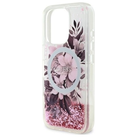 Etui Guess Liquid Glitter Flower MagSafe na iPhone 16 Pro - różowe Etui Guess Liquid Glitter Flower MagSafe na iPhone 16 Pro - różowe