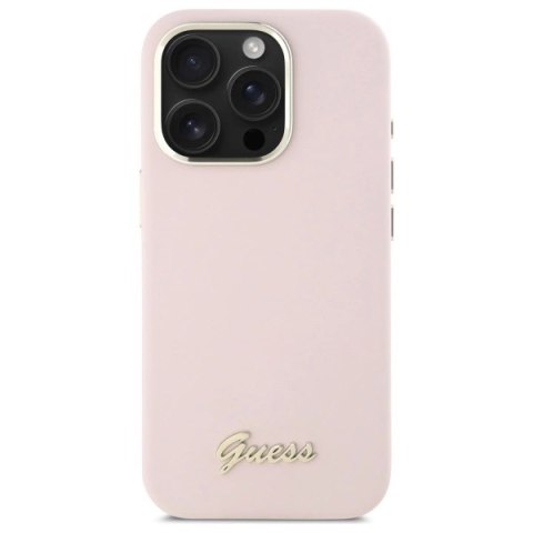 Etui Guess Silicone Script Metal Logo & Frame na iPhone 16 Pro - różowe