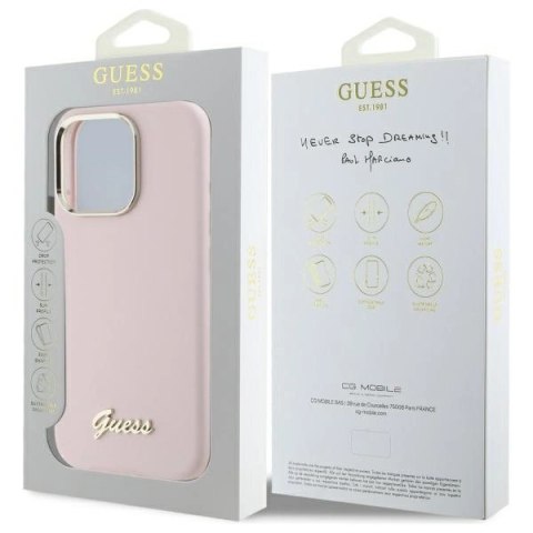 Etui Guess Silicone Script Metal Logo & Frame na iPhone 16 Pro - różowe