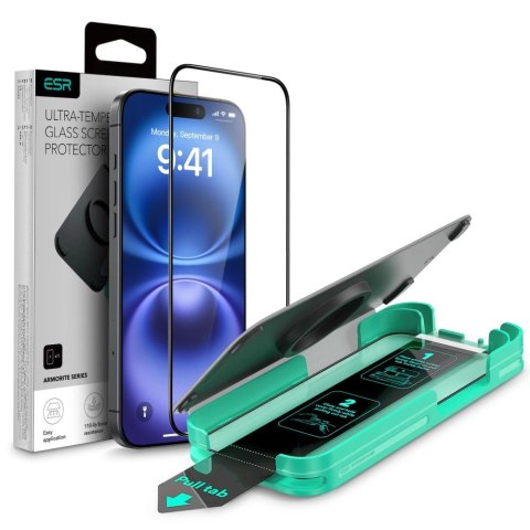 Szkło hartowane ESR Armorite na iPhone 16 z aplikatorem - z czarną ramką Szkło hartowane ESR Armorite na iPhone 16 z aplikatorem - z czarną ramką