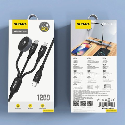 Kabel z ładowarką do Apple Watch Dudao A12Max+ PD 100W 3w1: USB-C Lightning 1,2m - czarny Kabel z ładowarką do Apple Watch Dudao A12Max+ PD 100W 3w1: USB-C Lightning 1,2m - czarny
