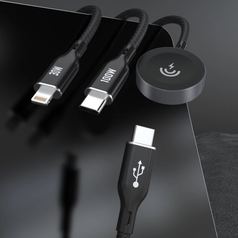 Kabel z ładowarką do Apple Watch Dudao A12Max+ PD 100W 3w1: USB-C Lightning 1,2m - czarny Kabel z ładowarką do Apple Watch Dudao A12Max+ PD 100W 3w1: USB-C Lightning 1,2m - czarny