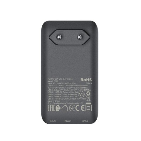 Ładowarka Acefast A100 65W GaN 2 USB-C+ USB-A ultra cienka - czarna Ładowarka Acefast A100 65W GaN 2 USB-C+ USB-A ultra cienka - czarna