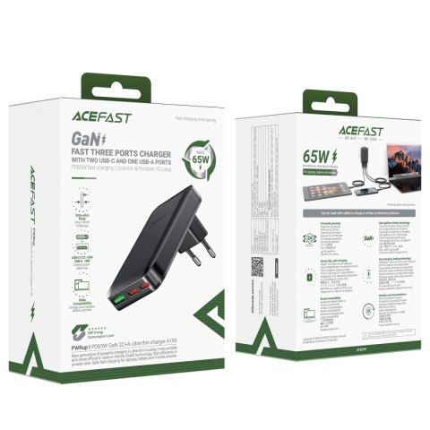 Ładowarka Acefast A100 65W GaN 2 USB-C+ USB-A ultra cienka - czarna Ładowarka Acefast A100 65W GaN 2 USB-C+ USB-A ultra cienka - czarna