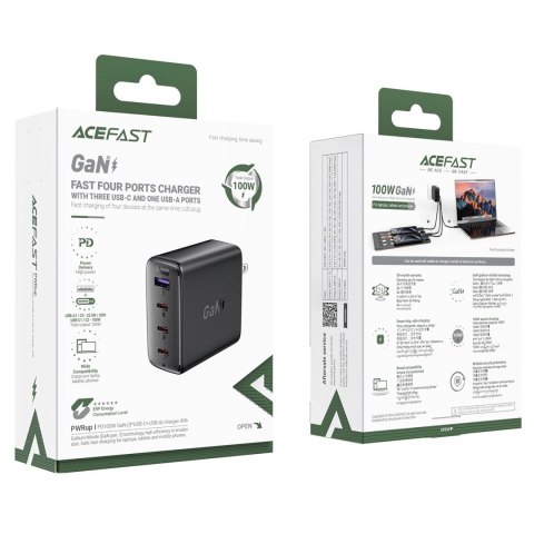 Ładowarka Acefast A96 PD100W GaN (3 x USB-C + 1x USB-A) z końcówką US - czarna Ładowarka Acefast A96 PD100W GaN (3 x USB-C + 1x USB-A) z końcówką US - czarna