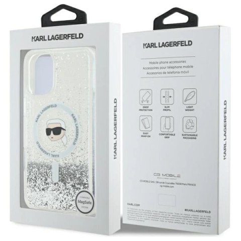 Etui Karl Lagerfeld Liquid Glitter Karl Head Magsafe na iPhone 16 Plus - przezroczyste