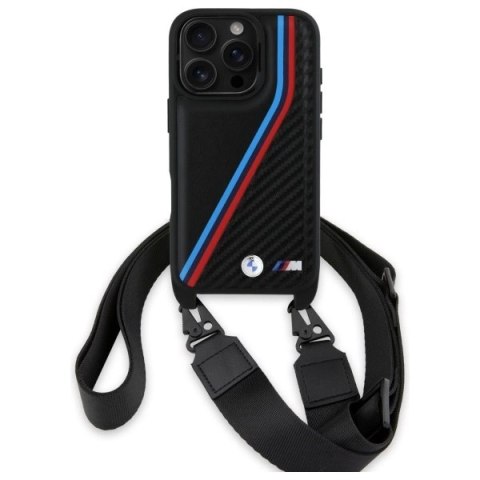 Etui BMW M Edition Carbon Tricolor Lines & Strap na iPhone 16 Pro Max - czarne Etui BMW M Edition Carbon Tricolor Lines & Strap na iPhone 16 Pro Max - czarne