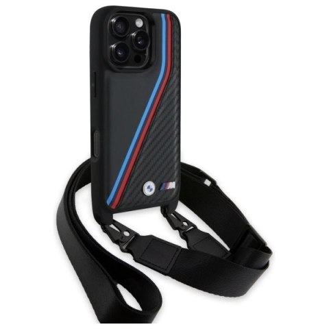 Etui BMW M Edition Carbon Tricolor Lines & Strap na iPhone 16 Pro Max - czarne Etui BMW M Edition Carbon Tricolor Lines & Strap na iPhone 16 Pro Max - czarne