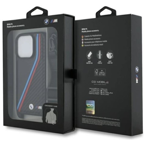 Etui BMW M Edition Carbon Tricolor Lines & Strap na iPhone 16 Pro Max - czarne Etui BMW M Edition Carbon Tricolor Lines & Strap na iPhone 16 Pro Max - czarne