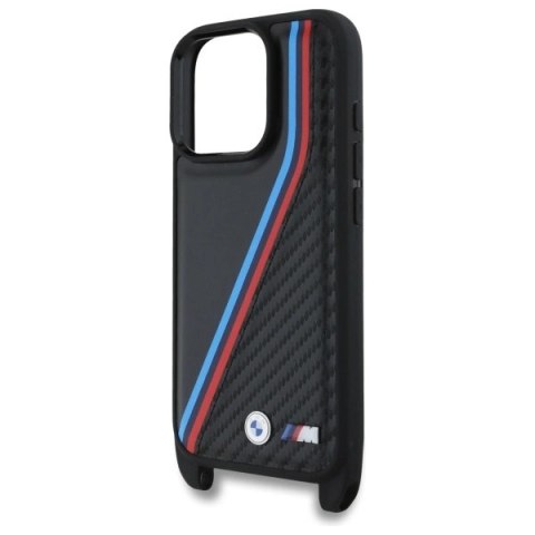 Etui BMW M Edition Carbon Tricolor Lines & Strap na iPhone 16 Pro - czarne Etui BMW M Edition Carbon Tricolor Lines & Strap na iPhone 16 Pro - czarne