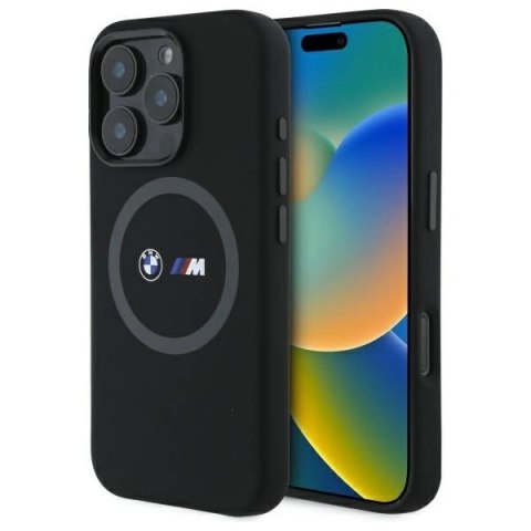 Etui BMW M Silicone Printed Ring MagSafe na iPhone 16 Pro - czarne Etui BMW M Silicone Printed Ring MagSafe na iPhone 16 Pro - czarne