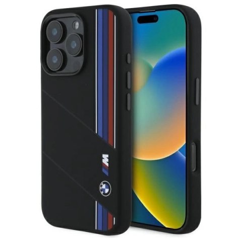 Etui BMW Silicone Cut Tricolor Lines MagSafe na iPhone 16 Pro - czarne Etui BMW Silicone Cut Tricolor Lines MagSafe na iPhone 16 Pro - czarne